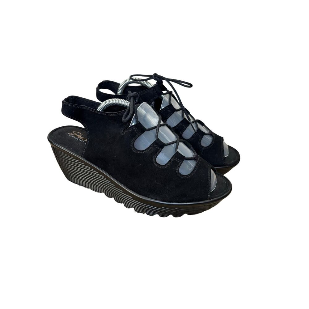 Skechers women’s Parallel Peep Toe Slingback Lace Up Wedge Shoes Sz 9 Black
